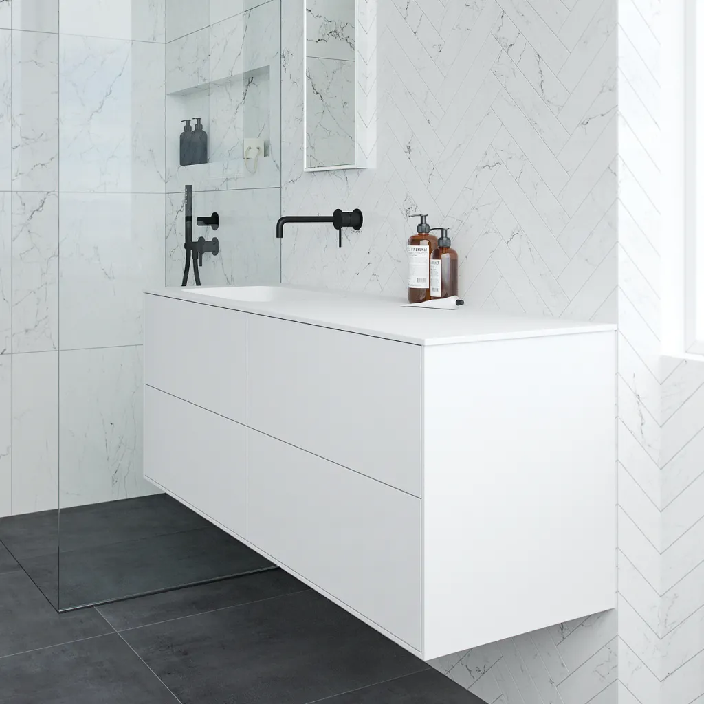 Pulcher Mood 140L Soft - Bathroom furniture 140x46 cm, Matt white w/ SolidTec® sink