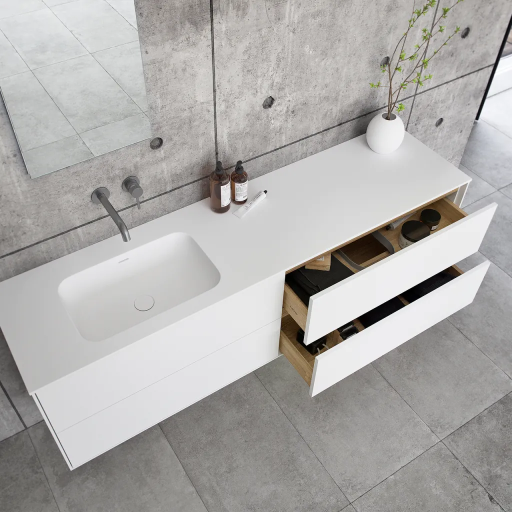 Pulcher Mood 180L Soft - Bathroom furniture 180x46 cm, Matt white w/ SolidTec® sink
