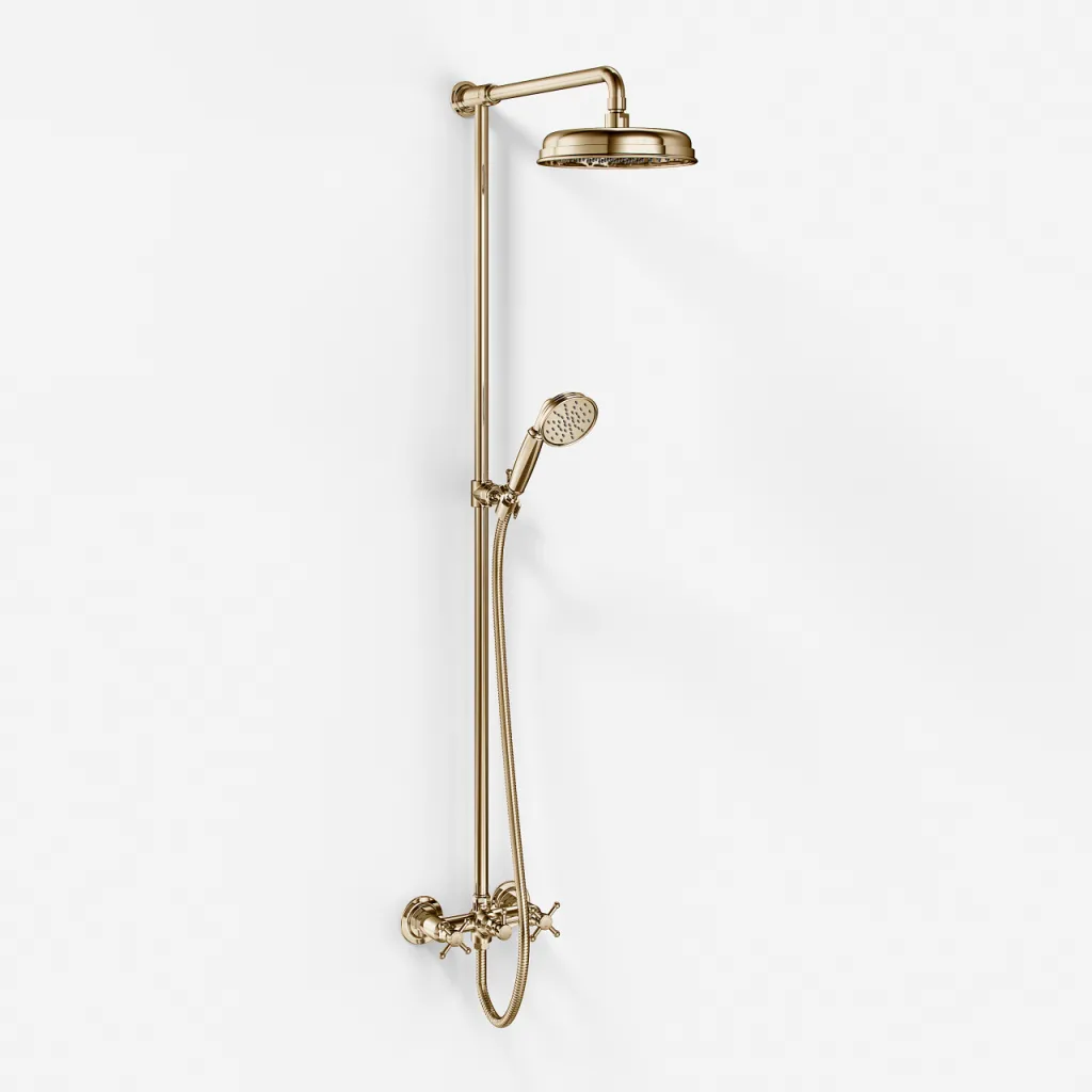 Hassel&Teudt HBR800 S01 - Shower rod set w/Ø21 cm. Rain DeLuxe w/EasyClean, Polished Brass Natural