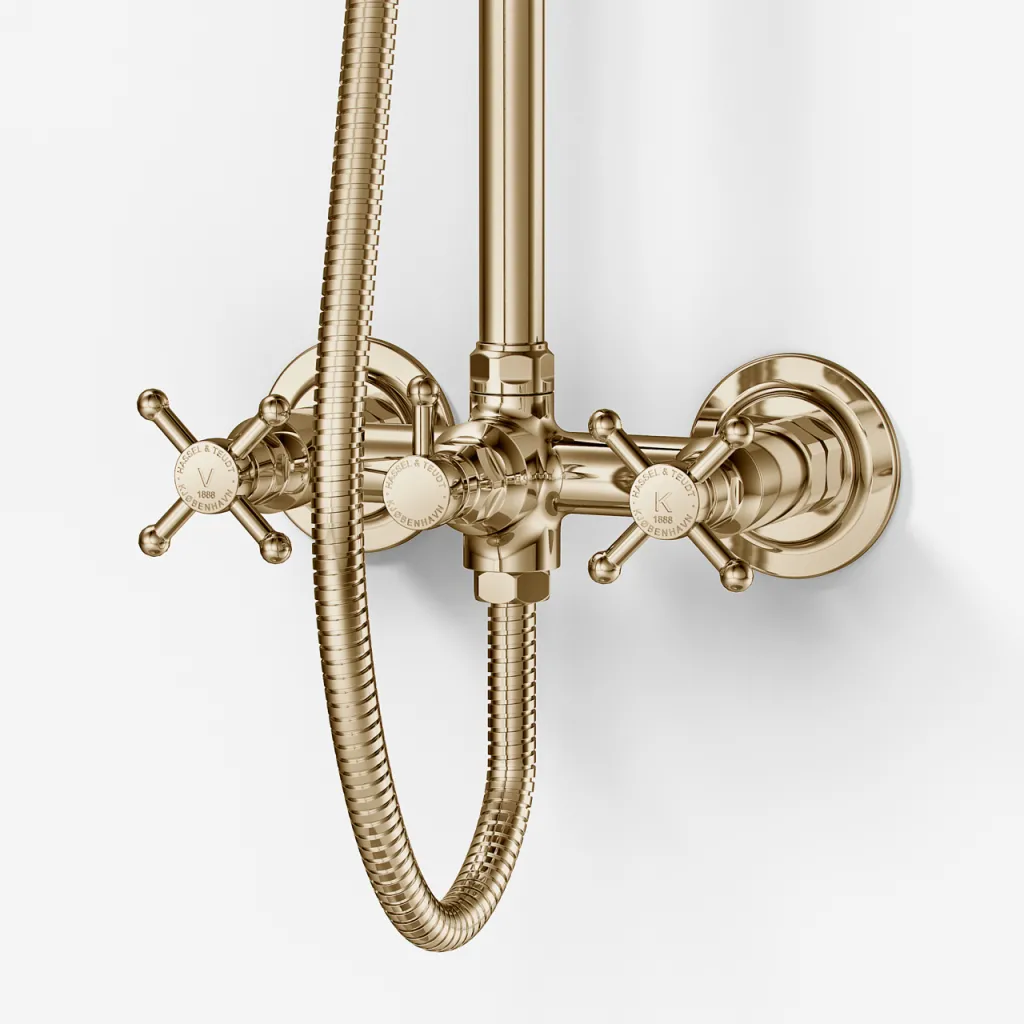 Hassel&Teudt HBR800 S01 - Shower rod set w/Ø21 cm. Rain DeLuxe w/EasyClean, Polished Brass Natural