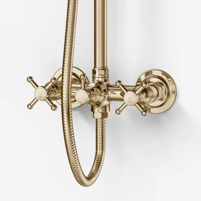 Hassel&Teudt HBR800 S01 - Shower rod set w/Ø21 cm. Rain DeLuxe w/EasyClean, Polished Brass Natural