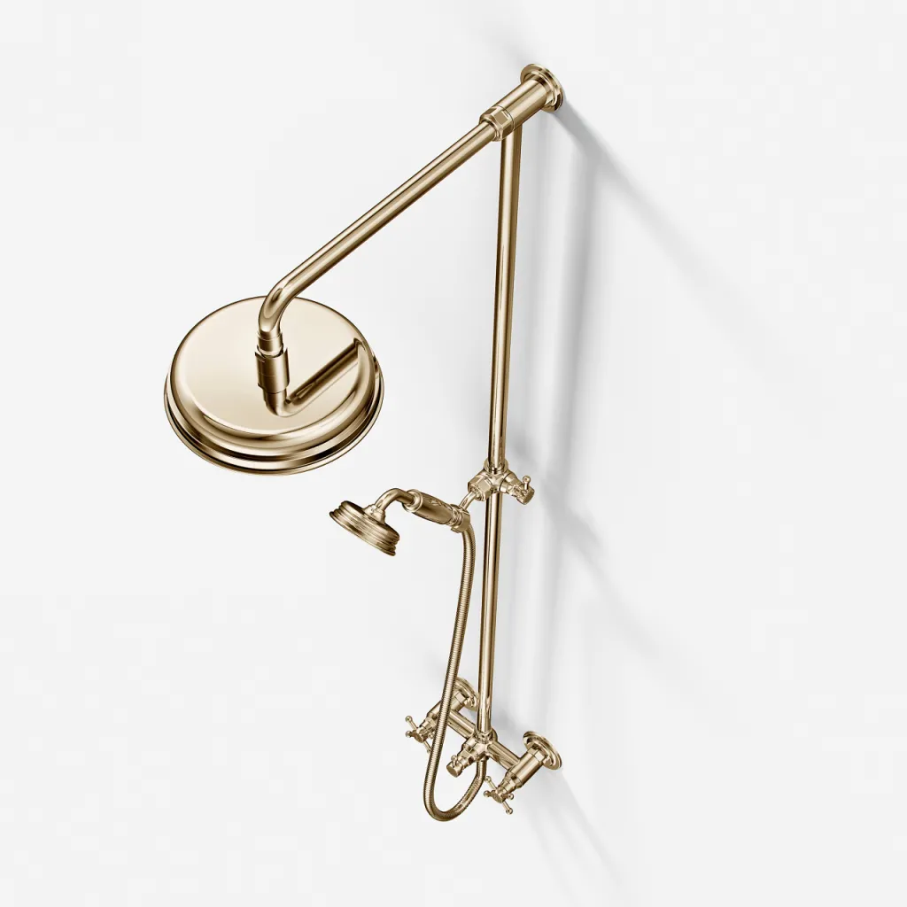 Hassel&Teudt HBR800 S01 - Shower rod set w/Ø21 cm. Rain DeLuxe w/EasyClean, Polished Brass Natural