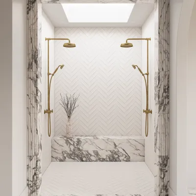 Hassel&Teudt HBR800 S01 - Shower rod set w/Ø21 cm. Rain DeLuxe w/EasyClean, Polished Brass Natural