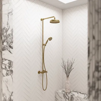 Hassel&Teudt HBR800 S01 - Shower rod set w/Ø21 cm. Rain DeLuxe w/EasyClean, Polished Brass Natural