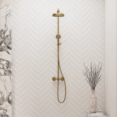 Hassel&Teudt HBR800 S01 - Shower rod set w/Ø21 cm. Rain DeLuxe w/EasyClean, Polished Brass Natural