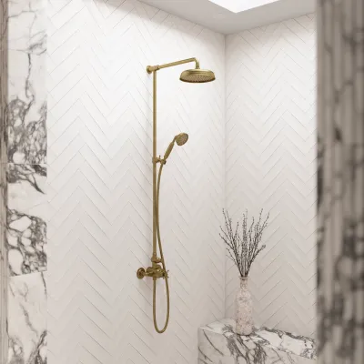 Hassel&Teudt HBT900 - SmartTerm shower rod set w/Ø21 cm. Rain DeLuxe w/EasyClean, Polished Brass Natural