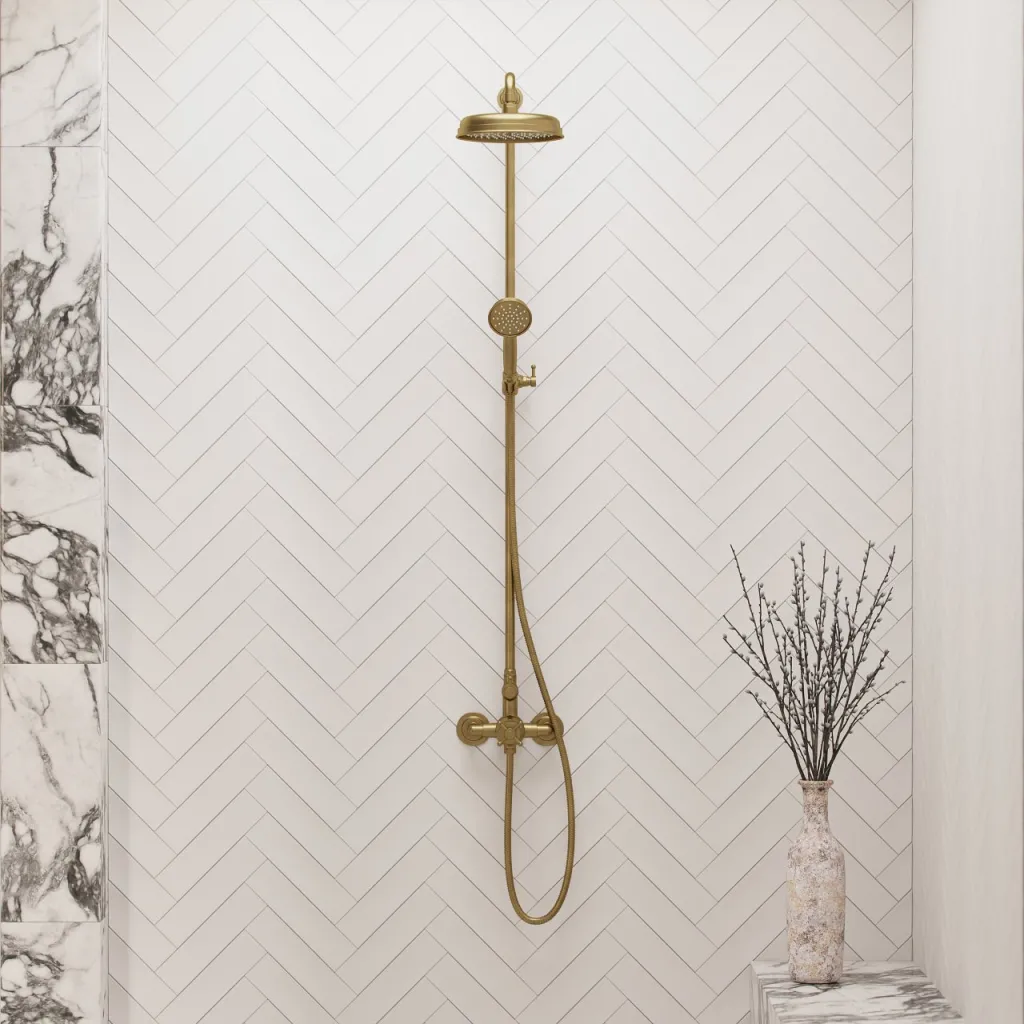 Hassel&Teudt HBT900 - SmartTerm shower rod set w/Ø21 cm. Rain DeLuxe w/EasyClean, Polished Brass Natural