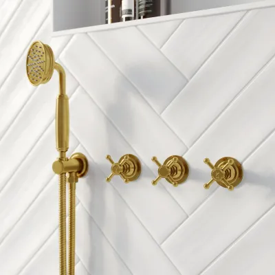 Hassel&Teudt HBR704 S01 - Shower set w/Ø21 cm. Rain DeLuxe w/EasyClean, Wall, Polished Brass Natural
