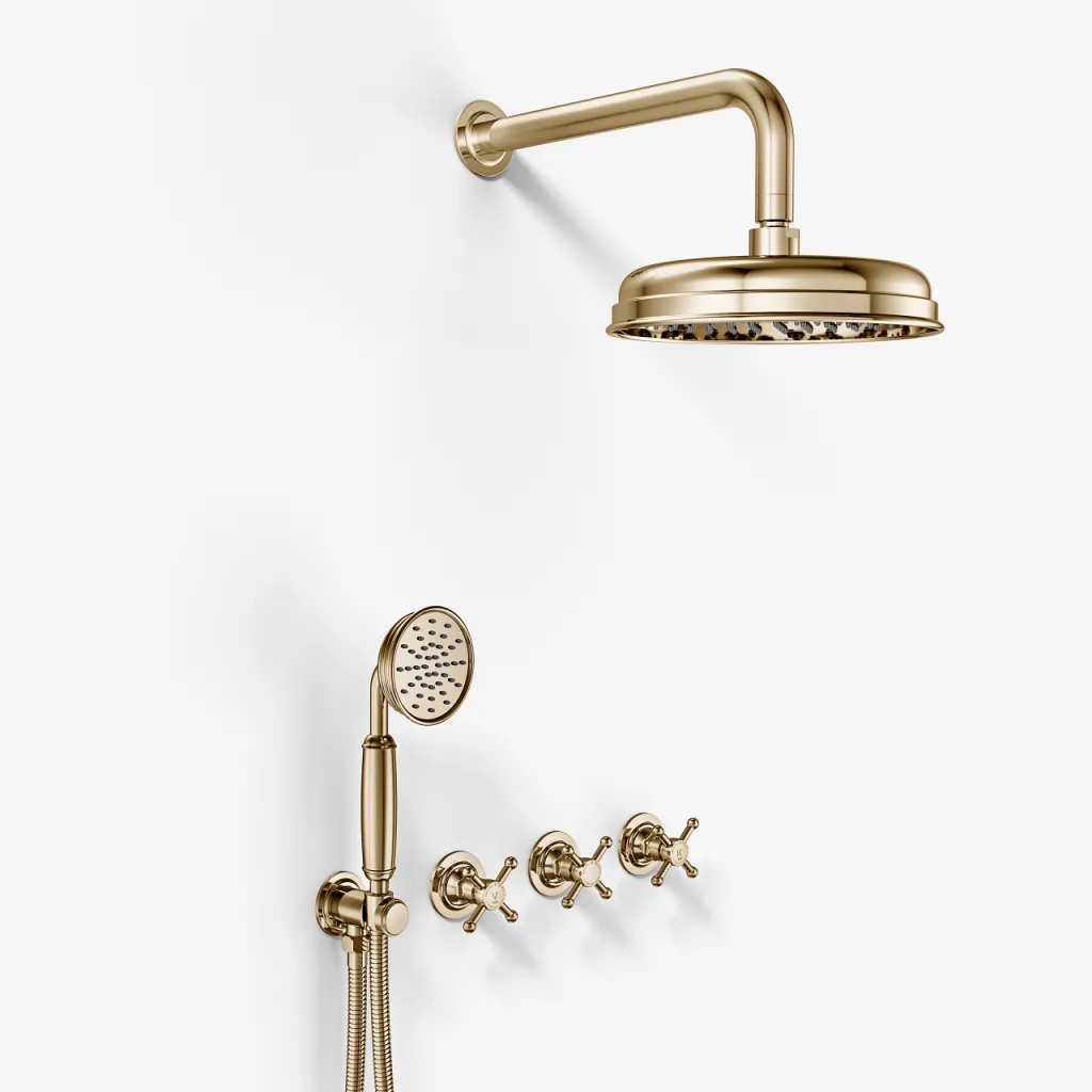 Hassel&Teudt HBR704 S01 - Shower set w/Ø21 cm. Rain DeLuxe w/EasyClean, Wall, Polished Brass Natural
