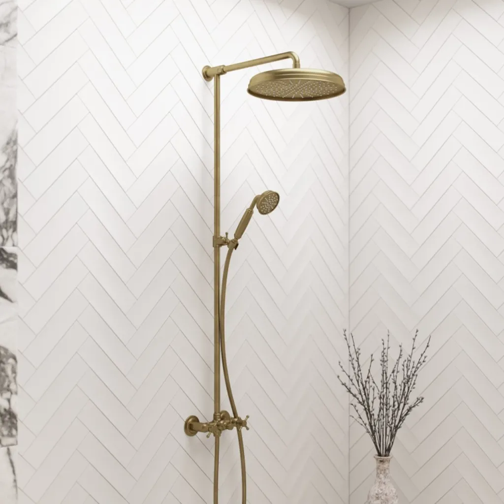 Hassel&Teudt HBR800 S02 - Shower rod set w/Ø31 cm. Rain DeLuxe w/EasyClean, Polished Brass Natural