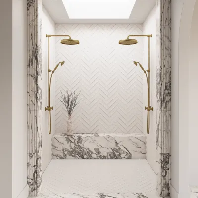 Hassel&Teudt HBR800 S02 - Shower rod set w/Ø31 cm. Rain DeLuxe w/EasyClean, Polished Brass Natural