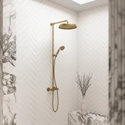 Hassel&Teudt HBR800 S02 - Shower rod set w/Ø31 cm. Rain DeLuxe w/EasyClean, Polished Brass Natural