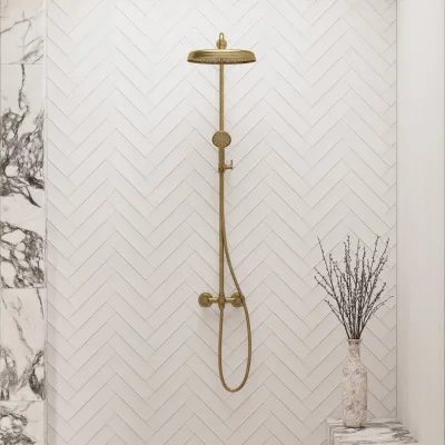 Hassel&Teudt HBR800 S02 - Shower rod set w/Ø31 cm. Rain DeLuxe w/EasyClean, Polished Brass Natural