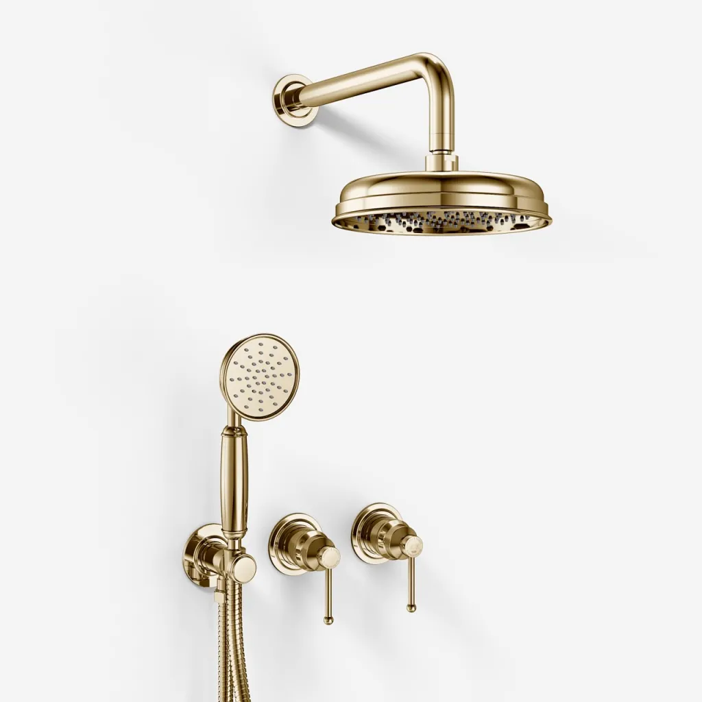 Hassel&Teudt HBR801 S01 - Shower set w/Ø21 cm. Rain DeLuxe w/EasyClean, Wall, Polished Brass Natural