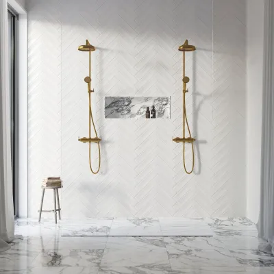Hassel&Teudt HRL10 S01 - SmartTerm shower rod set w/Ø21 cm. Rain DeLuxe w/EasyClean, Polished Brass Natural
