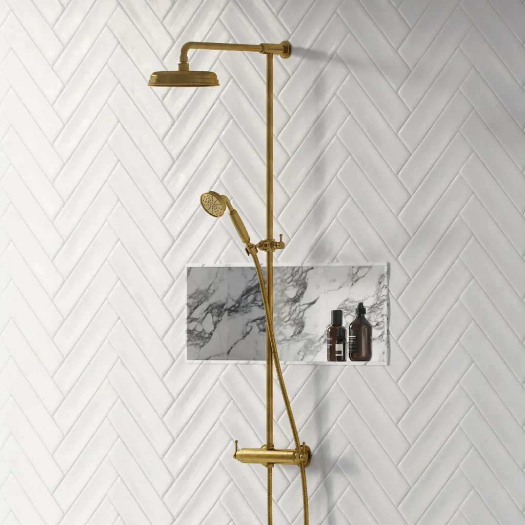 Hassel&Teudt HRL10 S01 - SmartTerm shower rod set w/Ø21 cm. Rain DeLuxe w/EasyClean, Polished Brass Natural