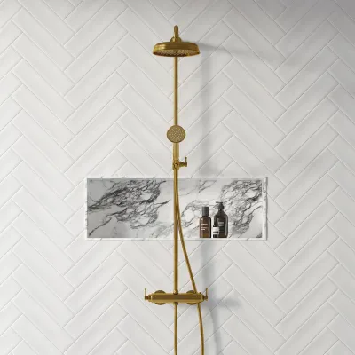 Hassel&Teudt HRL10 S01 - SmartTerm shower rod set w/Ø21 cm. Rain DeLuxe w/EasyClean, Polished Brass Natural