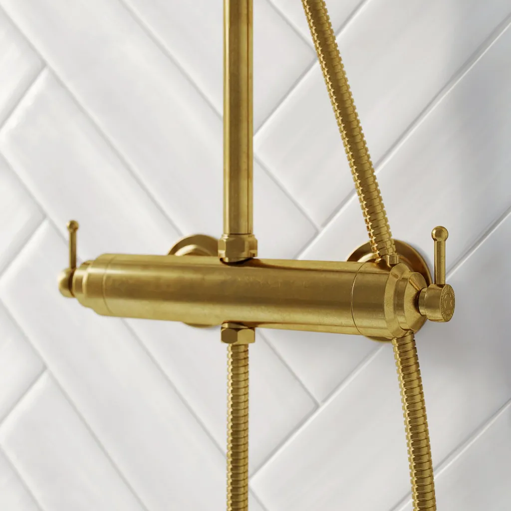 Hassel&Teudt HRL10 S01 - SmartTerm shower rod set w/Ø21 cm. Rain DeLuxe w/EasyClean, Polished Brass Natural