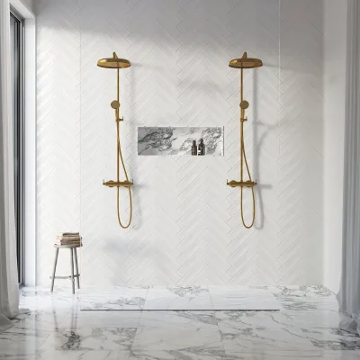 Hassel&Teudt HRL10 S02 - SmartTerm shower rod set w/Ø31 cm. Rain DeLuxe w/EasyClean, Polished Brass Natural
