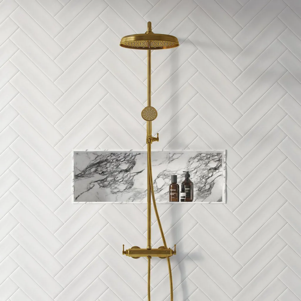 Hassel&Teudt HRL10 S02 - SmartTerm shower rod set w/Ø31 cm. Rain DeLuxe w/EasyClean, Polished Brass Natural