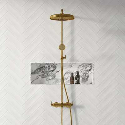 Hassel&Teudt HRL10 S02 - SmartTerm shower rod set w/Ø31 cm. Rain DeLuxe w/EasyClean, Polished Brass Natural