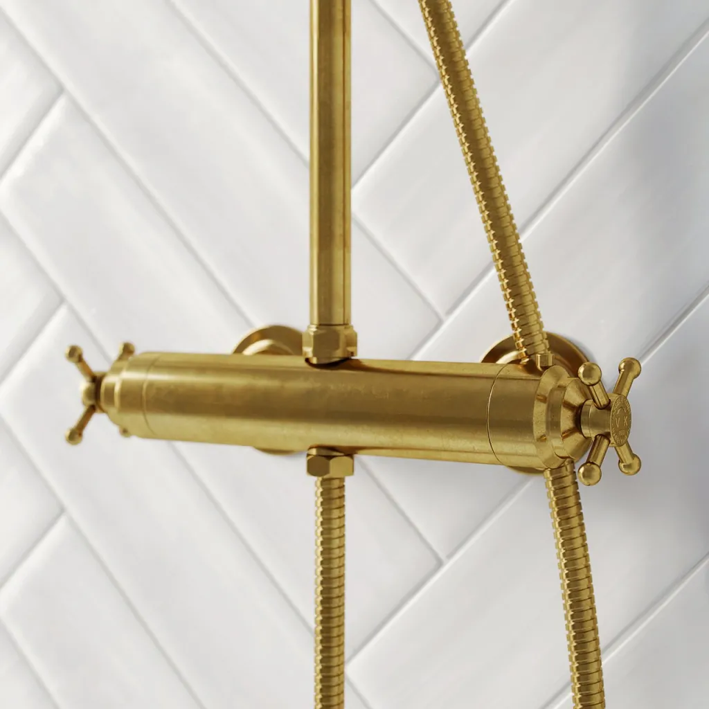 Hassel&Teudt HRL10 II S01 - SmartTerm shower rod set w/Ø21 cm. Rain DeLuxe w/EasyClean, Polished Brass Natural