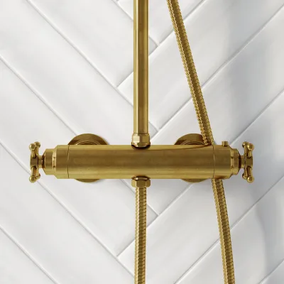 Hassel&Teudt HRL10 II S02 - SmartTerm shower rod set w/Ø31 cm. Rain DeLuxe w/EasyClean, Polished Brass Natural
