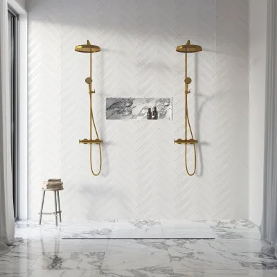 Hassel&Teudt HRL10 II S02 - SmartTerm shower rod set w/Ø31 cm. Rain DeLuxe w/EasyClean, Polished Brass Natural