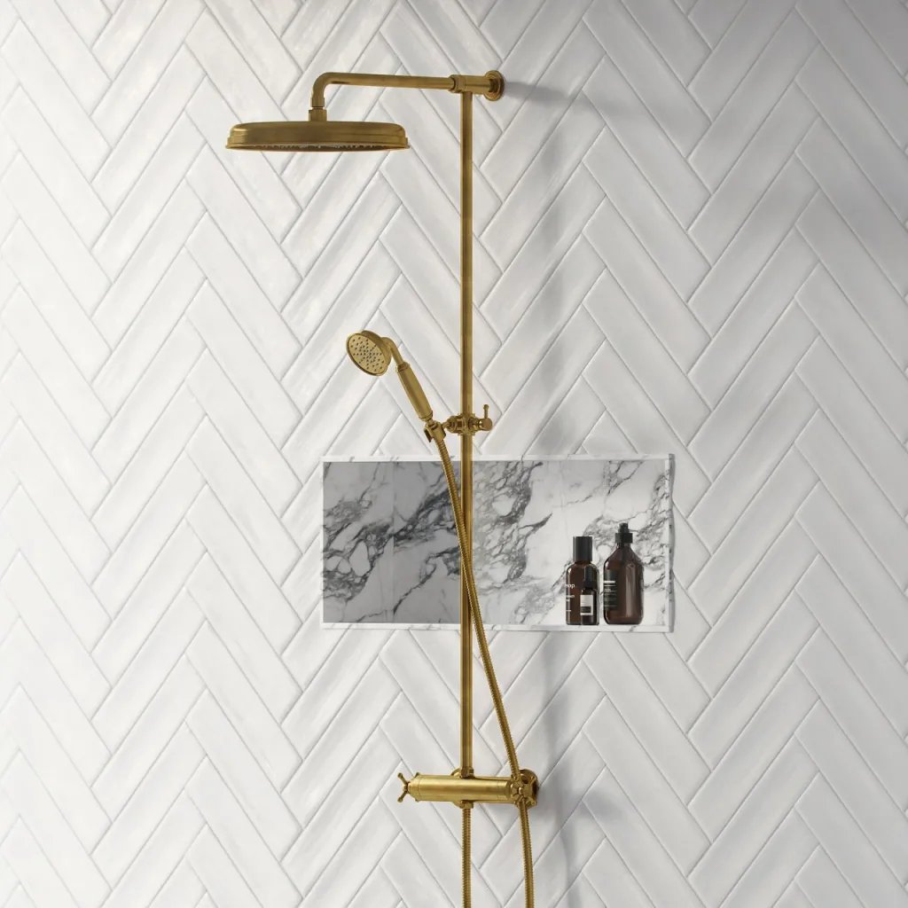 Hassel&Teudt HRL10 II S02 - SmartTerm shower rod set w/Ø31 cm. Rain DeLuxe w/EasyClean, Polished Brass Natural