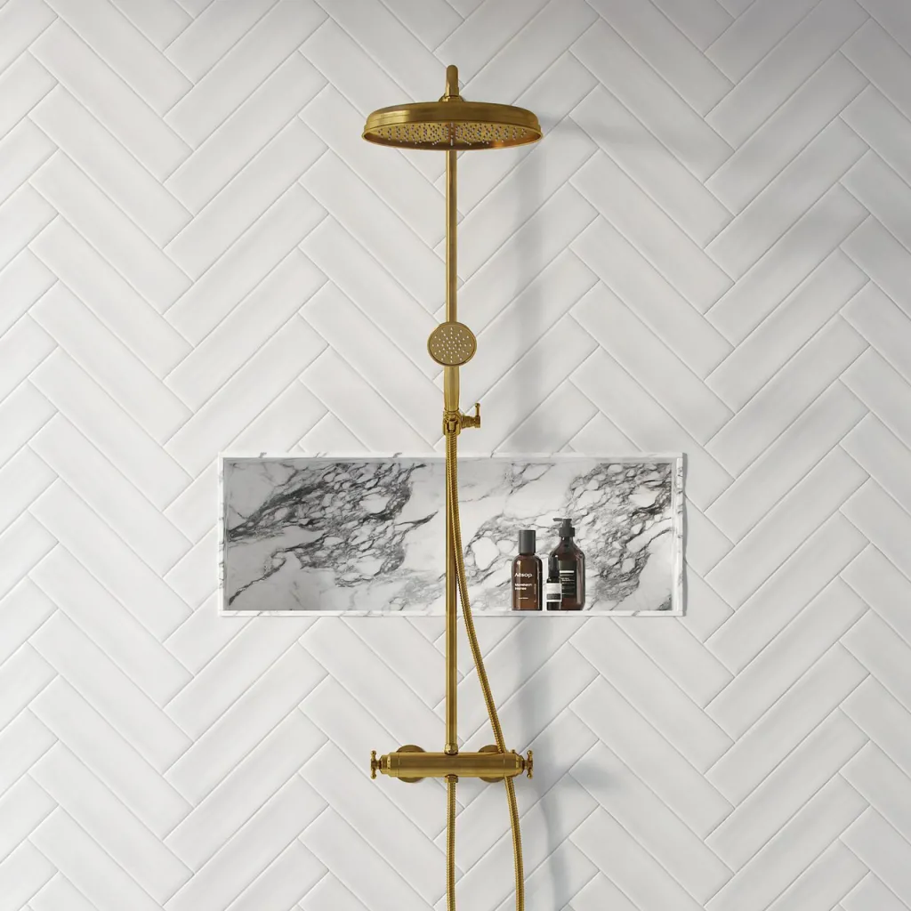 Hassel&Teudt HRL10 II S02 - SmartTerm shower rod set w/Ø31 cm. Rain DeLuxe w/EasyClean, Polished Brass Natural