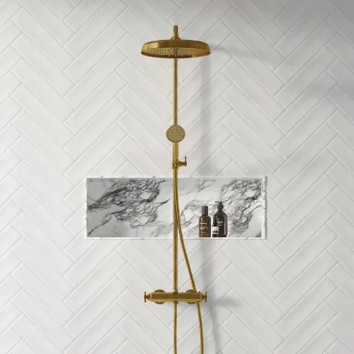 Hassel&Teudt HRL10 II S02 - SmartTerm shower rod set w/Ø31 cm. Rain DeLuxe w/EasyClean, Polished Brass Natural