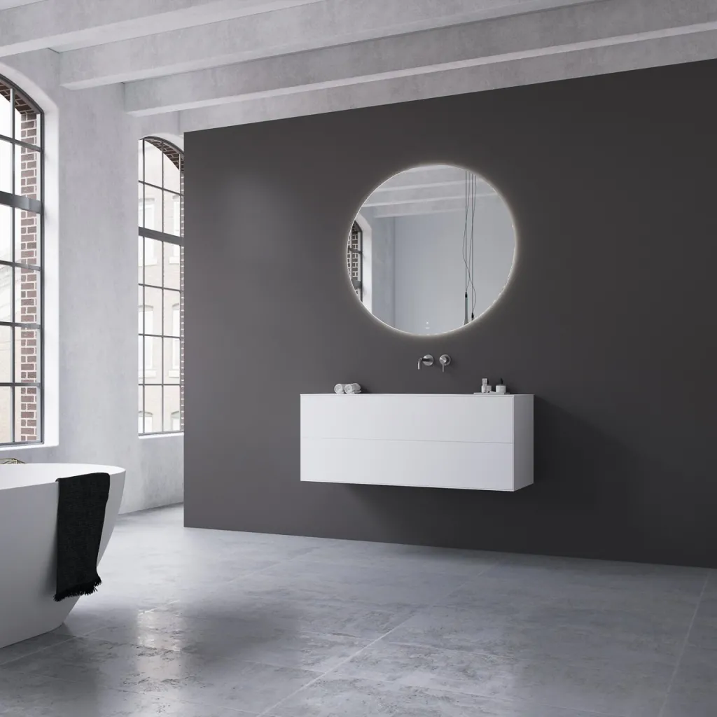 Copenhagen Chic 120 - MKII, Cabinet, 2 drawers, sink & body in Glacier White Corian® and fronts in Matt white