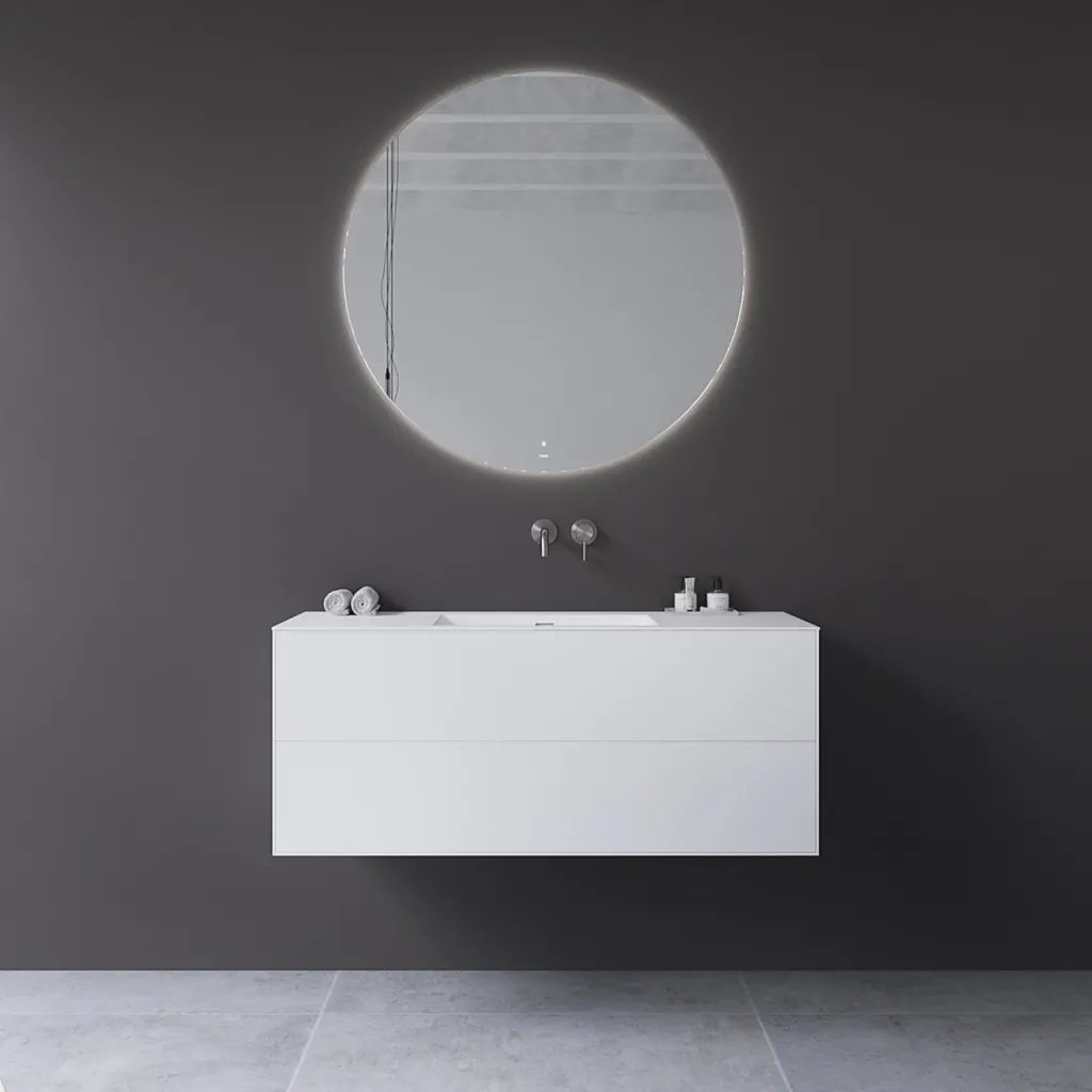 Copenhagen Chic 120 - MKII, Cabinet, 2 drawers, sink & body in Glacier White Corian® and fronts in Matt white