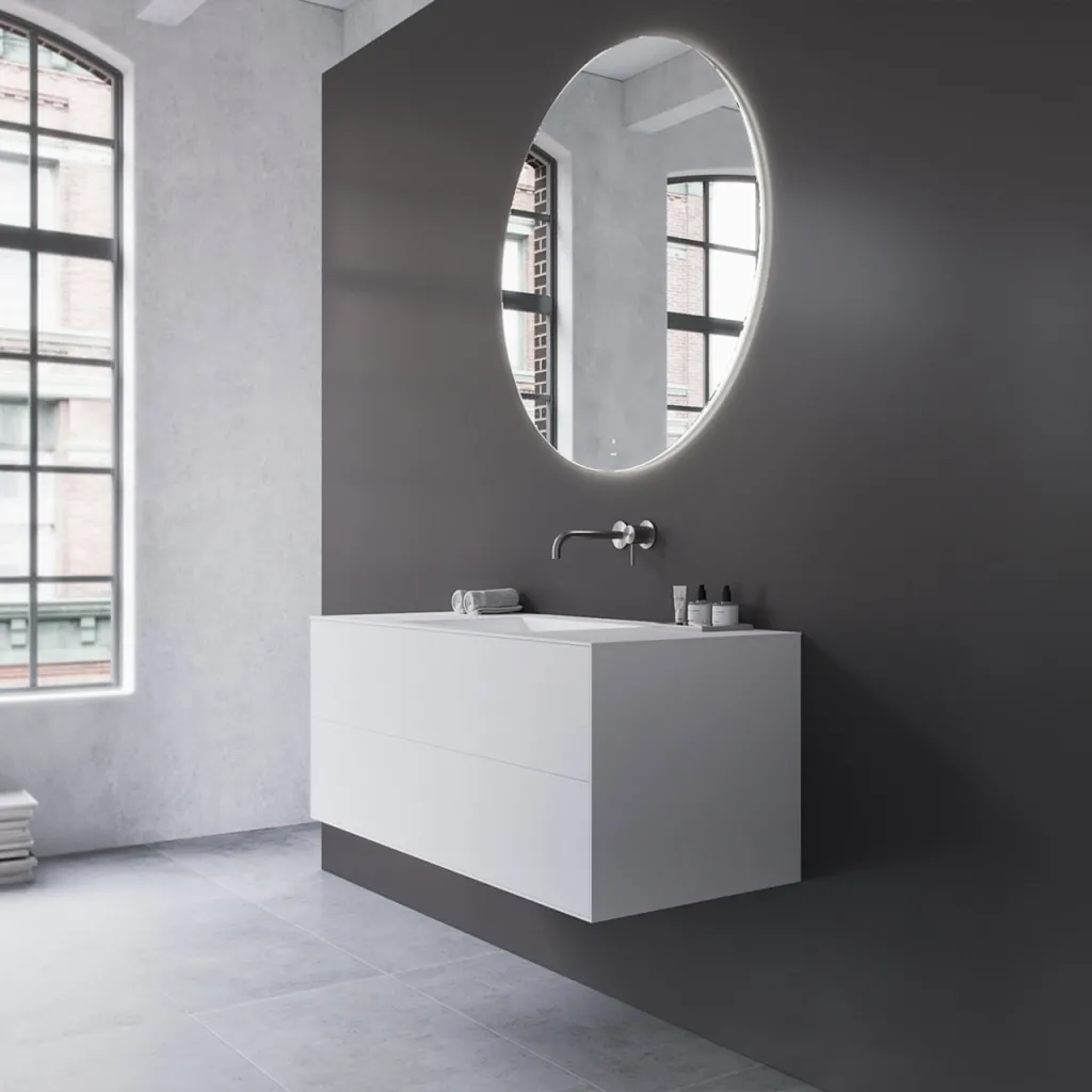 Copenhagen Chic 120 - MKII, Cabinet, 2 drawers, sink & body in Glacier White Corian® and fronts in Matt white
