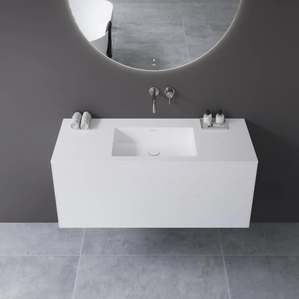 Copenhagen Chic 120 - MKII, Cabinet, 2 drawers, sink & body in Glacier White Corian® and fronts in Matt white