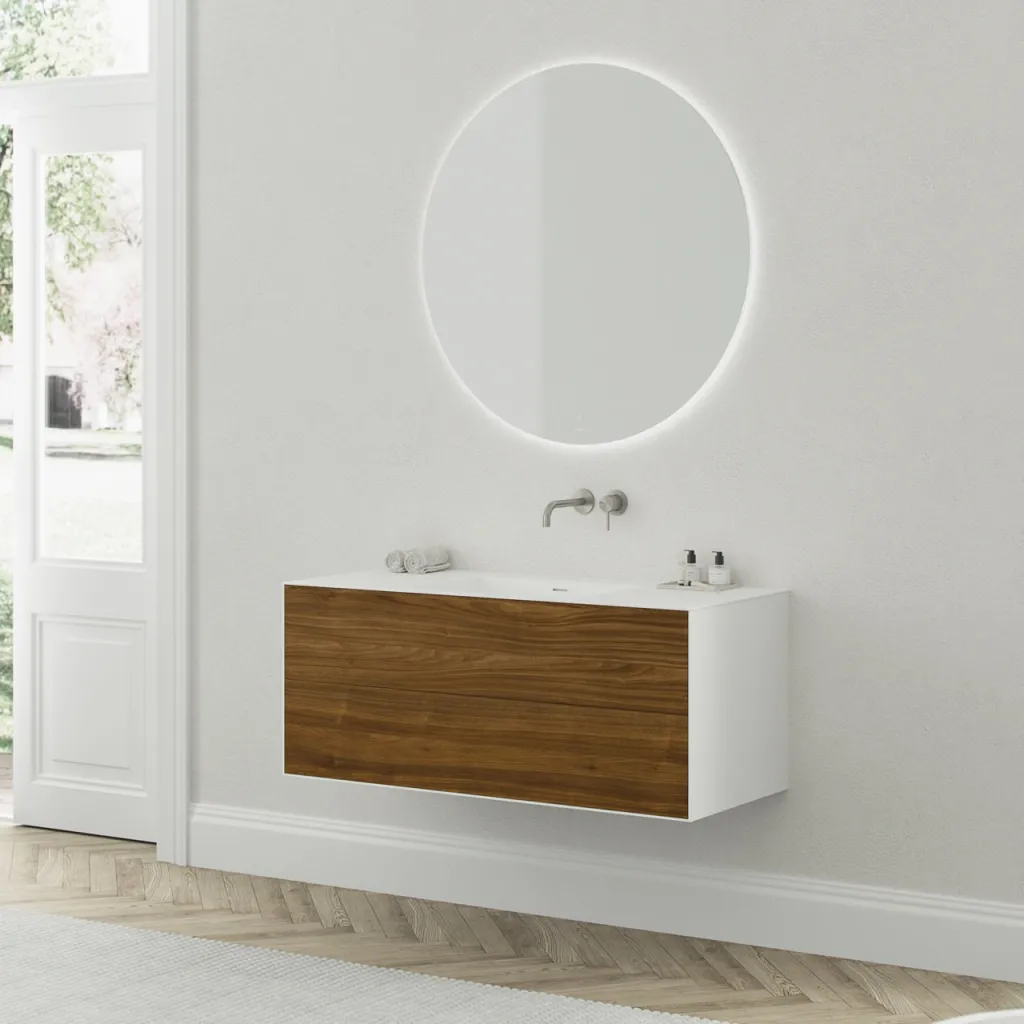 Copenhagen Chic 120 - MKII Cabinet, 2 drawers, sink & body in Glacier White Corian® w/American Walnut