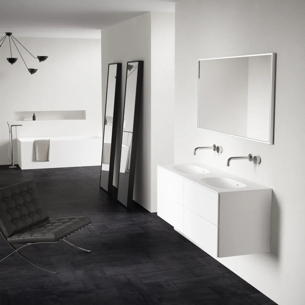 Block Soft 140D - Bathroom furniture 140x46 cm, Matt white w/ SolidTec® double sink