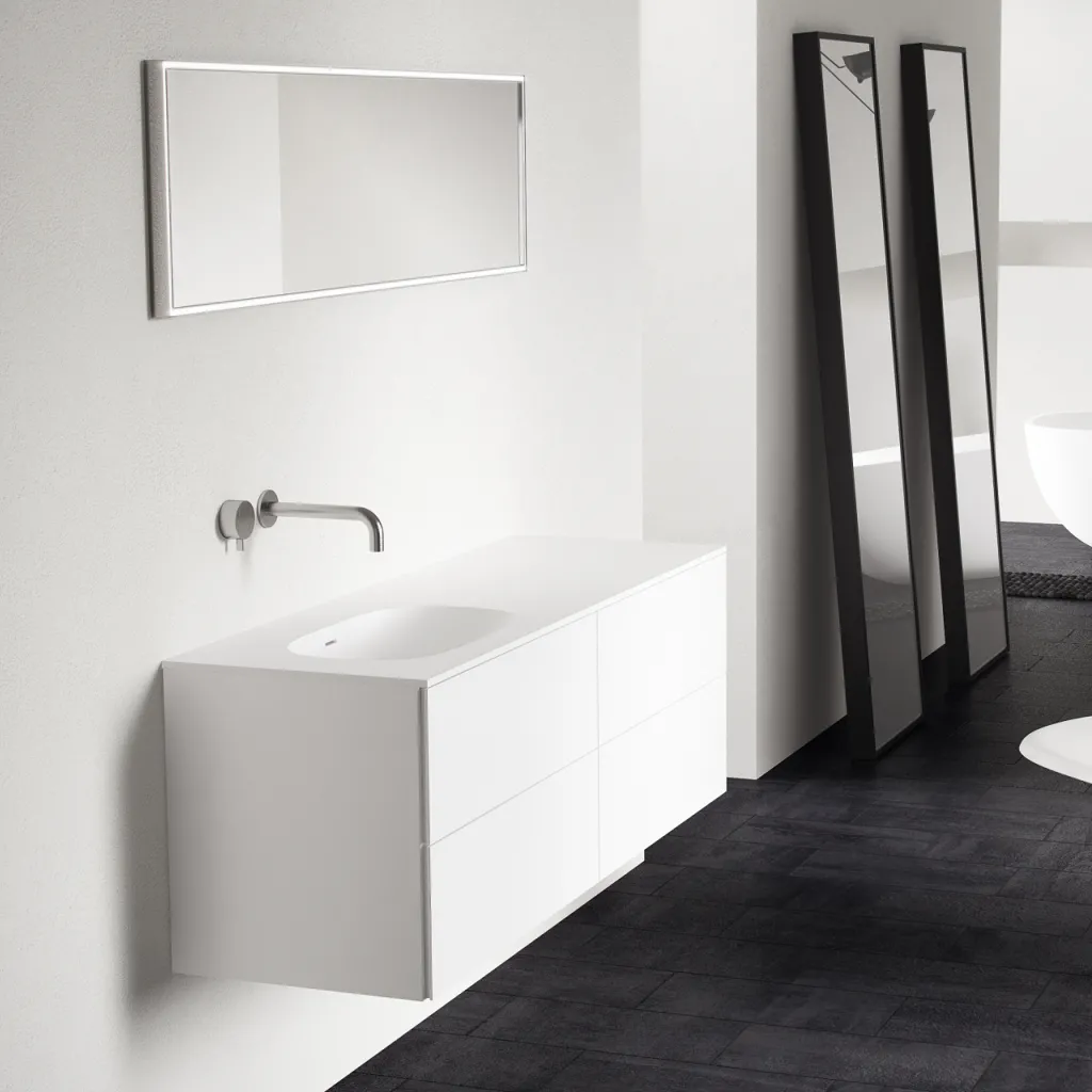 Block Soft 140L -  Bathroom furniture 140x46 cm, Matt white w/ SolidTec® sink on the left.