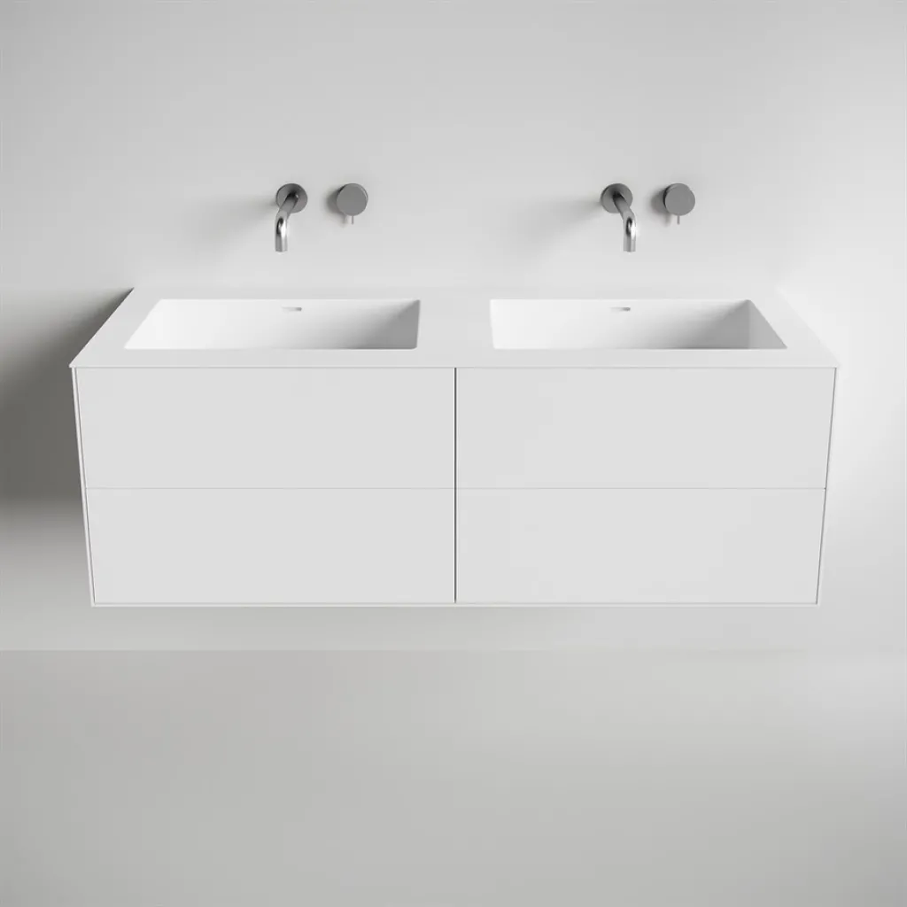 Copenhagen Chic 140D - Cabinet with 4 drawers, double sink & body in Glacier White Corian®, Matt white