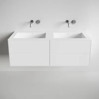 Copenhagen Chic 140D - Cabinet with 4 drawers, double sink & body in Glacier White Corian®, Matt white
