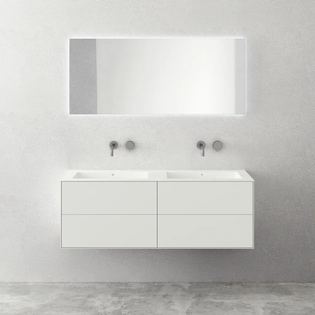 Copenhagen Chic 140D - Cabinet with 4 drawers, double sink & body in Glacier White Corian®, Matt white