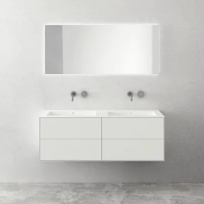 Copenhagen Chic 140D - Cabinet with 4 drawers, double sink & body in Glacier White Corian®, Matt white