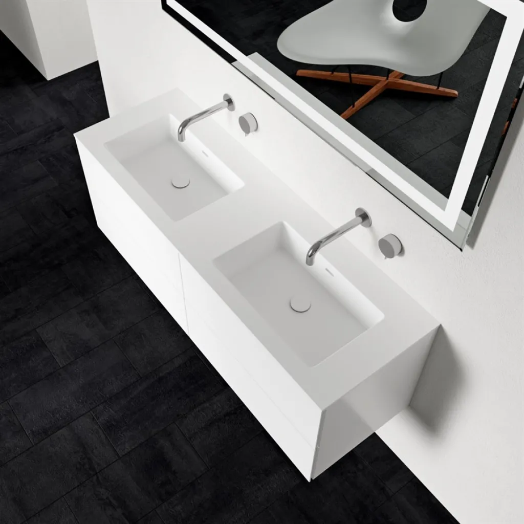 Block Soho 140D - Vanity unit 140x46, Matt white w/ SolidTec® double sink