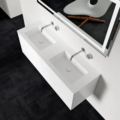 Block Soho 140D - Vanity unit 140x46, Matt white w/ SolidTec® double sink